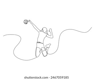 Continuous single line drawing of female volleyball athlete doing a jumping smash. volleyball tournament event . Design illustration