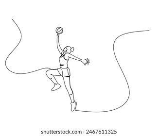 Continuous single line drawing of female basketball athlete jumps high to catch the ball. basketball tournament event . Design illustration