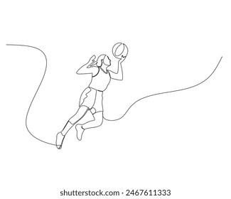 Continuous single line drawing of female basketball player jumps high to score. basketball tournament event . Design illustration