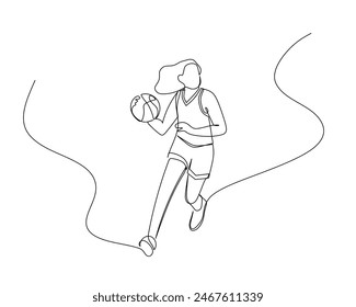 Dibujo continuo de una sola línea de una jugadora de baloncesto regateando la pelota. Ilustración de diseño