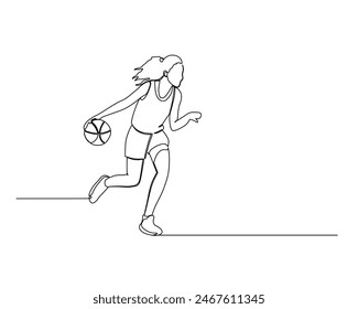 Continuous single line drawing of female basketball athlete running while dribbling the ball. basketball tournament event . Design illustration