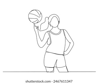 Continuous single line drawing of Female basketball athlete posing while spinning a basketball. basketball tournament event . Design illustration