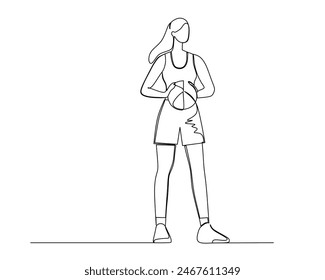 Continuous single line drawing of female basketball athlete posing with the ball in front of her chest. basketball tournament event . Design illustration