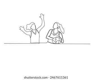 El dibujo continuo de una sola línea de una jugadora de baloncesto está tratando de bloquear a un jugador contrario. Ilustración de diseño