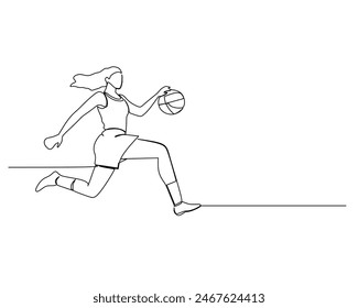 Continuous single line drawing of female basketball athlete running fast while dribbling the ball. basketball tournament event . Design illustration