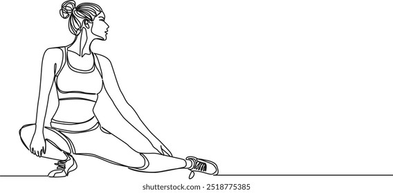 continuous single line drawing of female athlete stretching, line art vector illustration