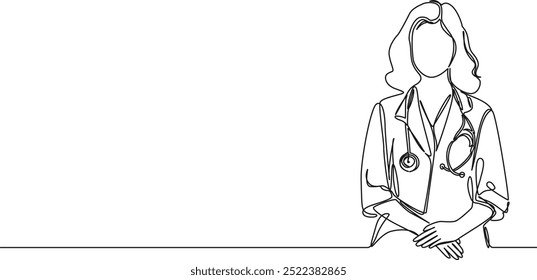 continuous single line drawing of female general practitioner with stethoscope, line art vector illustration