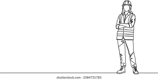 continuous single line drawing of female construction worker or civil engineer wearing reflective vest, line art vector illustration