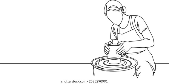 continuous single line drawing of female pottery maker, line art vector illustration