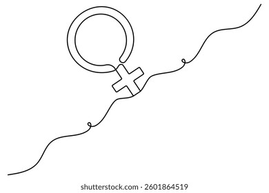 Continuous single line drawing of female gender symbol outline vector illustration