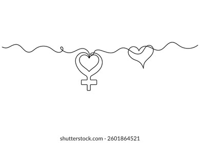 Continuous single line drawing of female gender symbol outline vector illustration