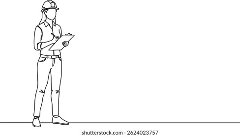 desenho contínuo de linha única do engenheiro civil feminino com prancheta, ilustração vetorial de arte de linha