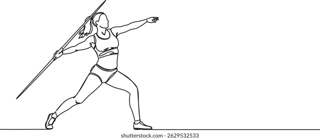 continuous single line drawing of female javelin thrower, line art vector illustration