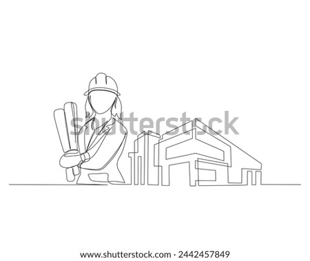 Continuous single line drawing of female engineer worker holding blueprint paper and modern house real estate. Architect holding blueprint paper single line vector illustration. Editable stroke.