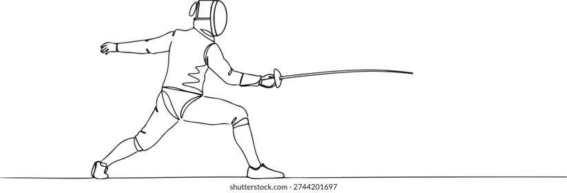 A continuous single line drawing of a fencer lunging with a sword, symbolizing elegance and strategy in athletics, line art style illustration.