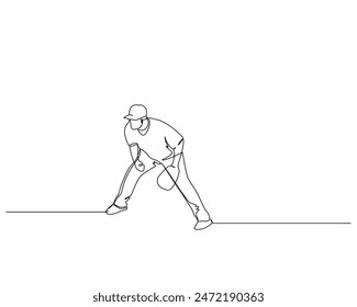 Dibujo continuo de una sola línea del jugador de béisbol El jugador de béisbol se centra en la protección de la base. Ilustración de diseño