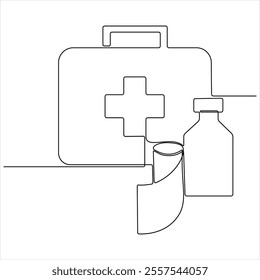 Continuous single line drawing of first aid kit box medical kit bag outline design vector illustration