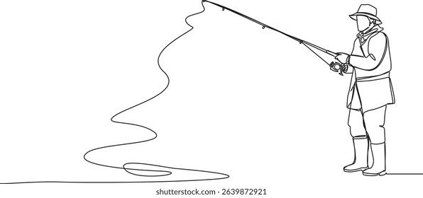continuous single line drawing of fisherman with fishing rod, line art vector illustration