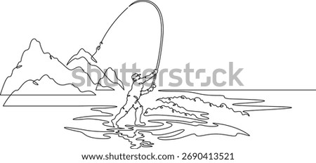 Continuous single line drawing A fisherman casts his fishing tackle. Spinning fishing. A fisherman in the water. Fly fishing. Linear . One continuous line isolated minimalist illustration. Not AI.