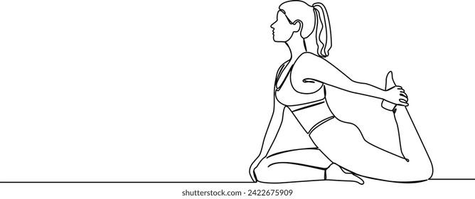 continuous single line drawing of fit woman stretching on floor, line art vector illustration