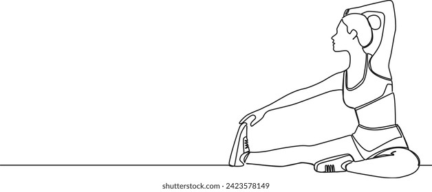 continuous single line drawing of fit woman stretching on floor, line art vector illustration