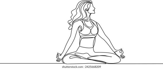 continuous single line drawing of fit woman meditating on floor, line art vector illustration