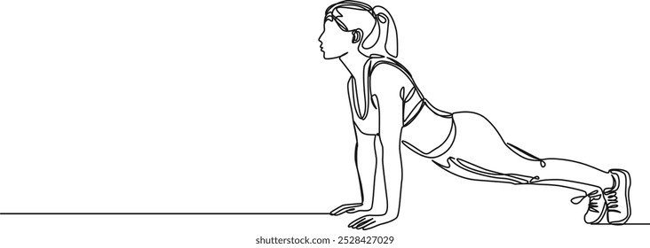continuous single line drawing of fit woman doing push-ups, line art vector illustration