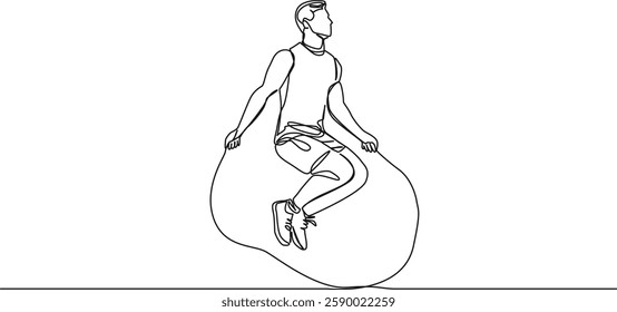 continuous single line drawing of fit man skipping rope, line art vector illustration