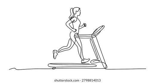 Continuous single line drawing of a fit woman running on a treadmill for cardio fitness exercise at the gym Vector, illustration