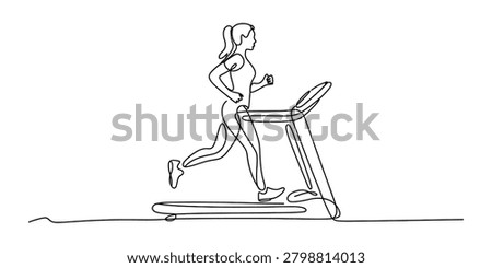 Continuous single line drawing of a fit woman running on a treadmill for cardio fitness exercise at the gym Vector, illustration