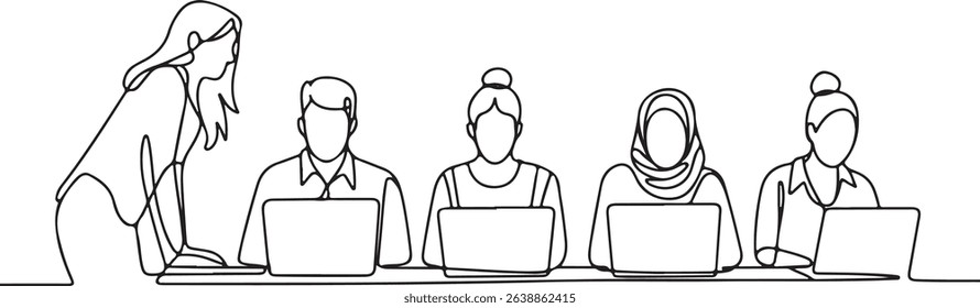 Continuous single line drawing of five people working on laptops at a shared desk in a modern minimalist office workspace

