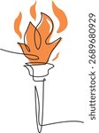 A continuous single line drawing of a flaming torch. The minimalist illustration features a bright orange fire, symbolizing concepts like victory, sport, and knowledge.