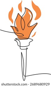 Um desenho de linha única contínua de uma tocha em chamas. A ilustração minimalista apresenta um fogo laranja brilhante, simbolizando conceitos como vitória, esporte e conhecimento.