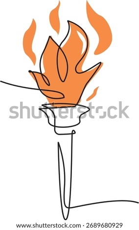 A continuous single line drawing of a flaming torch. The minimalist illustration features a bright orange fire, symbolizing concepts like victory, sport, and knowledge.