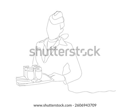 Continuous single line drawing of flight passenger stewardess is serving drinks business. Talking to passengers on airplane. Airline service. Hand made vector not Al
