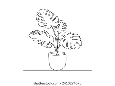 Continuous single line drawing of a flower in a pot. Isolated on white background vector illustration. Free vector.