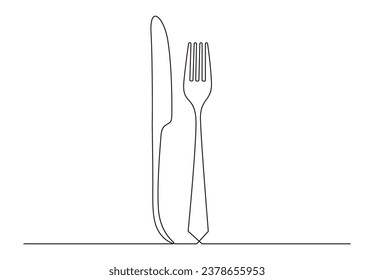 Kontinuierliche Einzeilenzeichnung von Speisewerkzeugen Löffel, Gabel und Messer für Dekoration Restaurant-Menü in einfacher linearer Vektorgrafik. Premium-Vektorgrafik. 