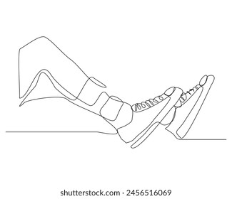 Continuous single line drawing of foot wearing casual sneakers shoes. One line art of sport shoes vector illustration