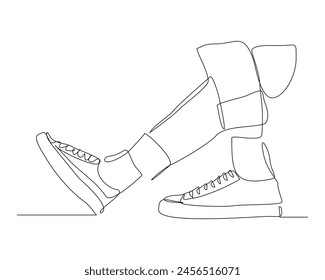 Continuous single line drawing of foot wearing casual sneakers shoes. One line art of sport shoes vector illustration