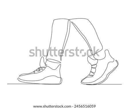 Continuous single line drawing of foot wearing casual sneakers shoes. One line art of sport shoes vector illustration