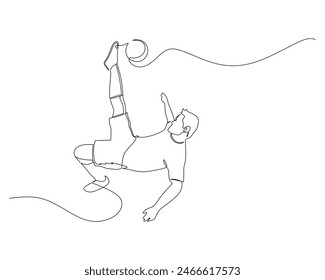 Continuous single line drawing of The football player backflips the ball and creates a goal. footbal tournament event design illustration