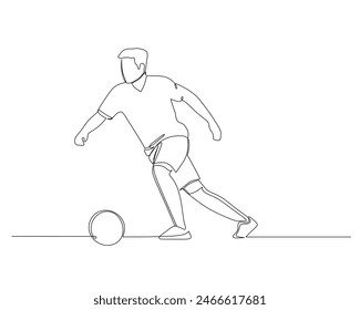 Continuous single line drawing of a football player is dribbling the ball towards the opponent's goal. footbal tournament event . Design illustration