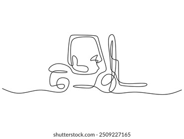 Dibujo continuo de una sola línea de una carretilla elevadora. Representa un vehículo de construcción con un enfoque minimalista.