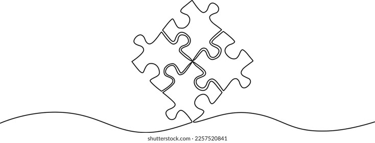 continuous single line drawing of four puzzle pieces fitting together, line art vector illustration