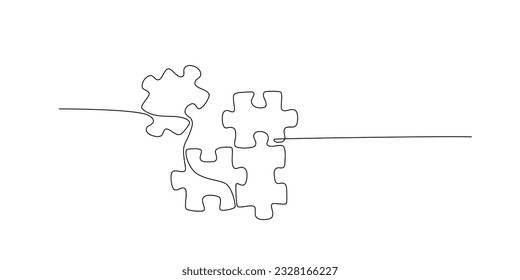 Continuous single line drawing of four puzzle pieces. Problem solving and solution business metaphor. One line drawing of puzzle piece for idea, business, thinking process, creativity. Editable stroke