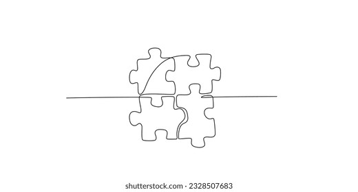 Continuous single line drawing of four puzzle pieces fitting together. Single line drawing of puzzle pieces for ideas, business strategy, thinking process, creativity, problem solving. Editable stroke