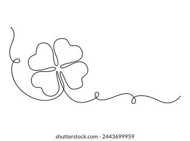 Kontinuierliche Einzeilenzeichnung von vierblättrigem Klee. Viel Glück Blumensymbol mit 4 Blütenblätter. Konzept für Banner Saint Patrick Day Vektor-Illustration