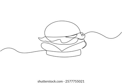 Continuous single line drawing of fresh delicious American burger restaurant logo emblem, Single line drawing of hamburger, Silhouette of fast food restaurant burger with cheese, cutlet and salad.