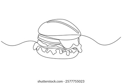 Continuous single line drawing of fresh delicious American burger restaurant logo emblem, Single line drawing of hamburger, Silhouette of fast food restaurant burger with cheese, cutlet and salad.