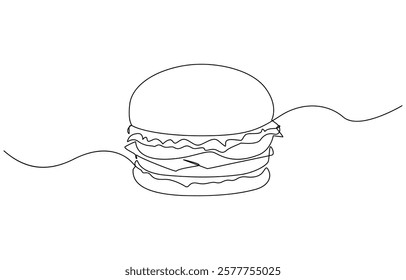 Continuous single line drawing of fresh delicious American burger restaurant logo emblem, Single line drawing of hamburger, Silhouette of fast food restaurant burger with cheese, cutlet and salad.